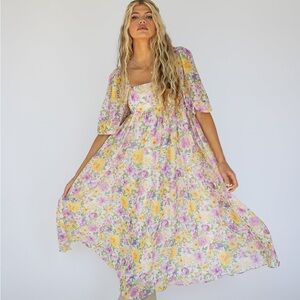 Storia Yellow & Lavender Floral Maxi Dress